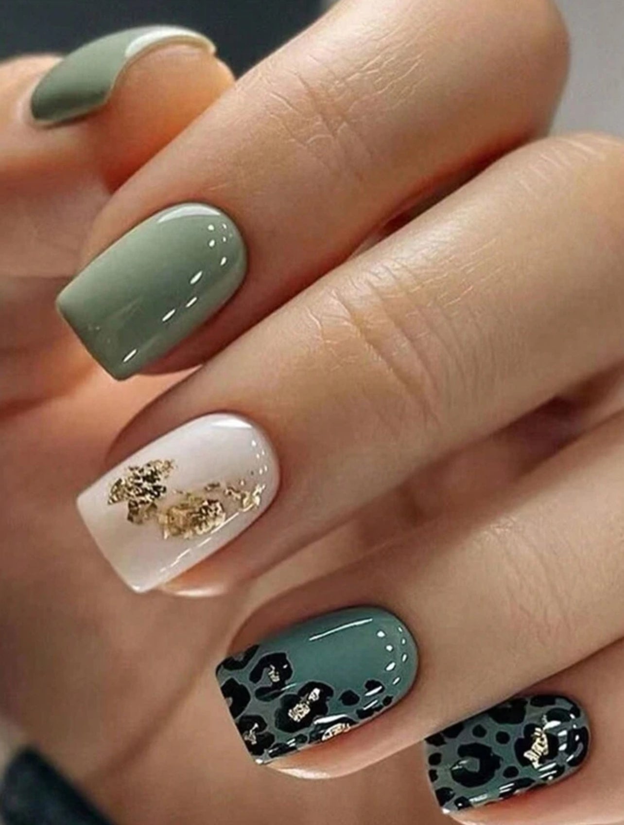 Green and cream style with leopard printed and gold pastel press on nails