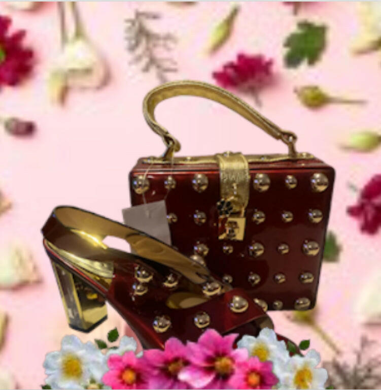Gold pattern black/ red heels and purse.