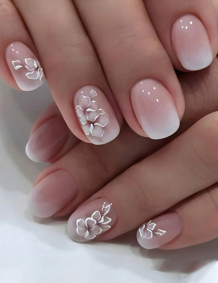 French manicure style with cute flower design short press on nails