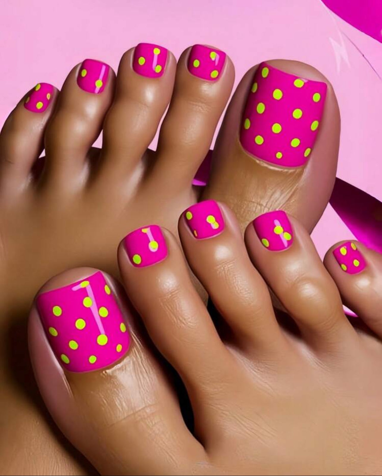 Hot pink with yellow polka dot toe nails