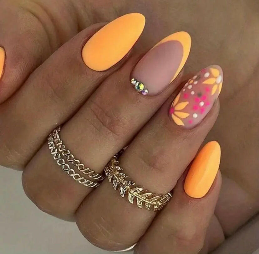 Frosty yellow with flowers design press on nails.