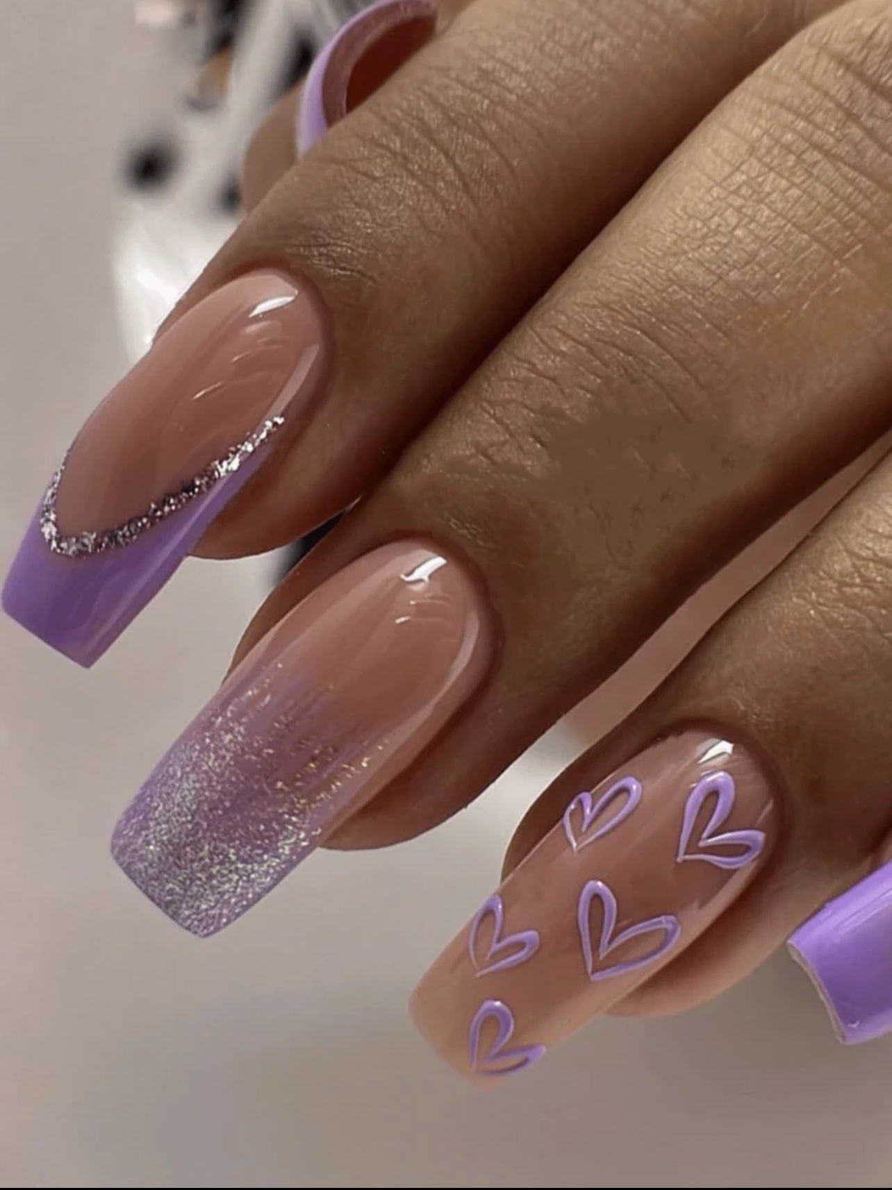 Purple heart shaped French sliver tip press on nails