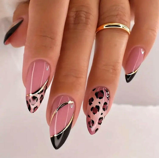 French tip style with leopard gold line press on nails.