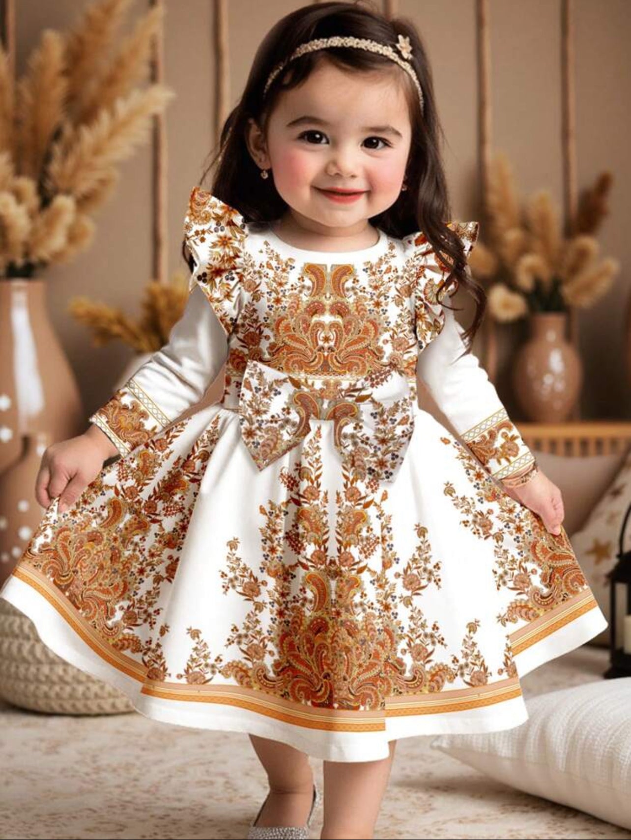 Gold floral printed dress for girls
