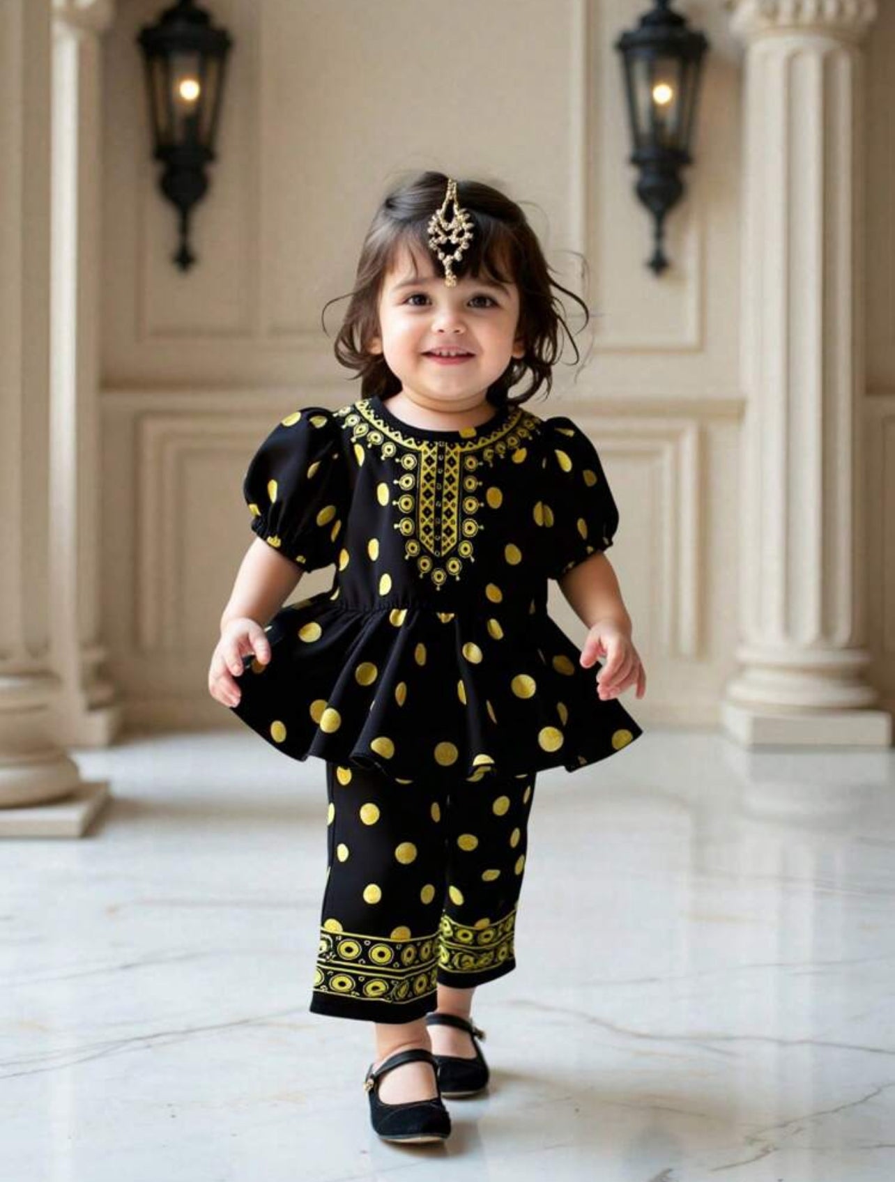 Vintage gold print top and pants set for girls