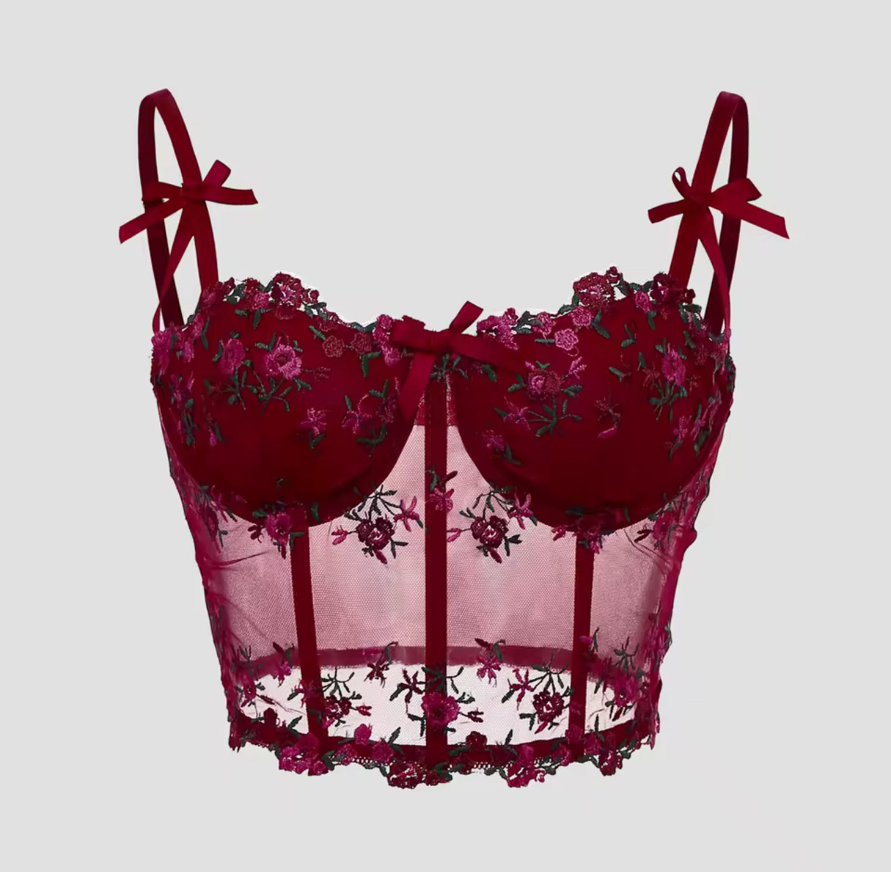 Sexy lace floral embroidery bow corset
