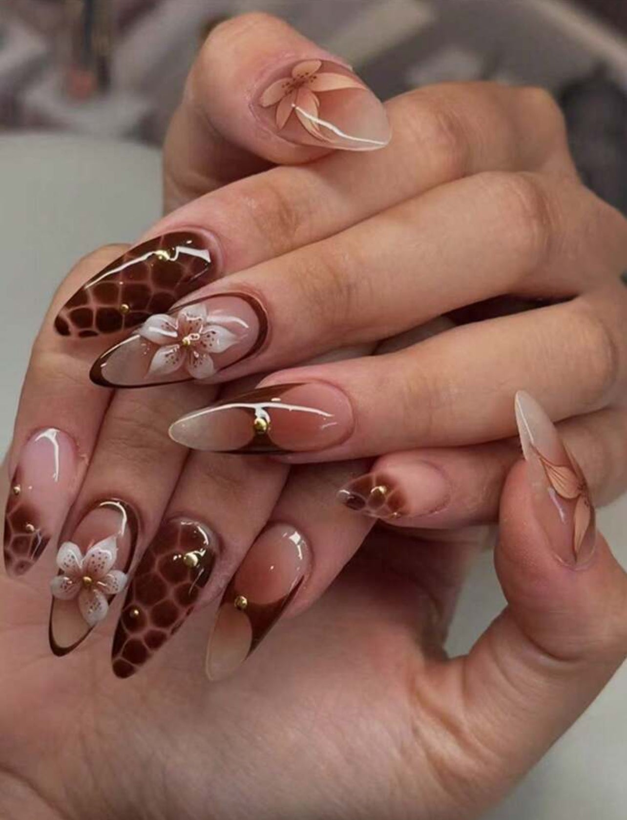 Brown and nude flower design press on nails