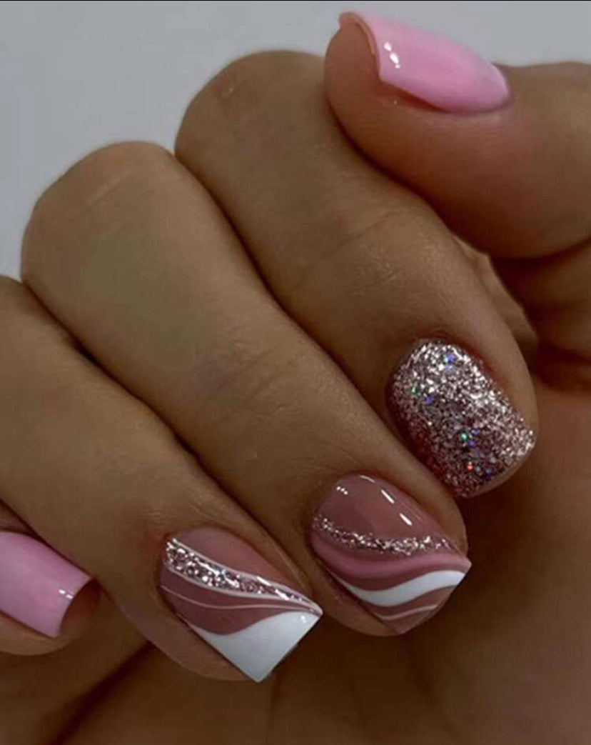 Pink and white with glitter design short press on nails