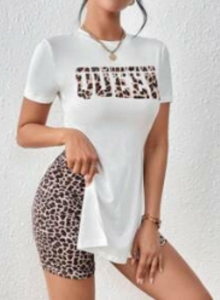 Queen leopard top with cycling shorts.