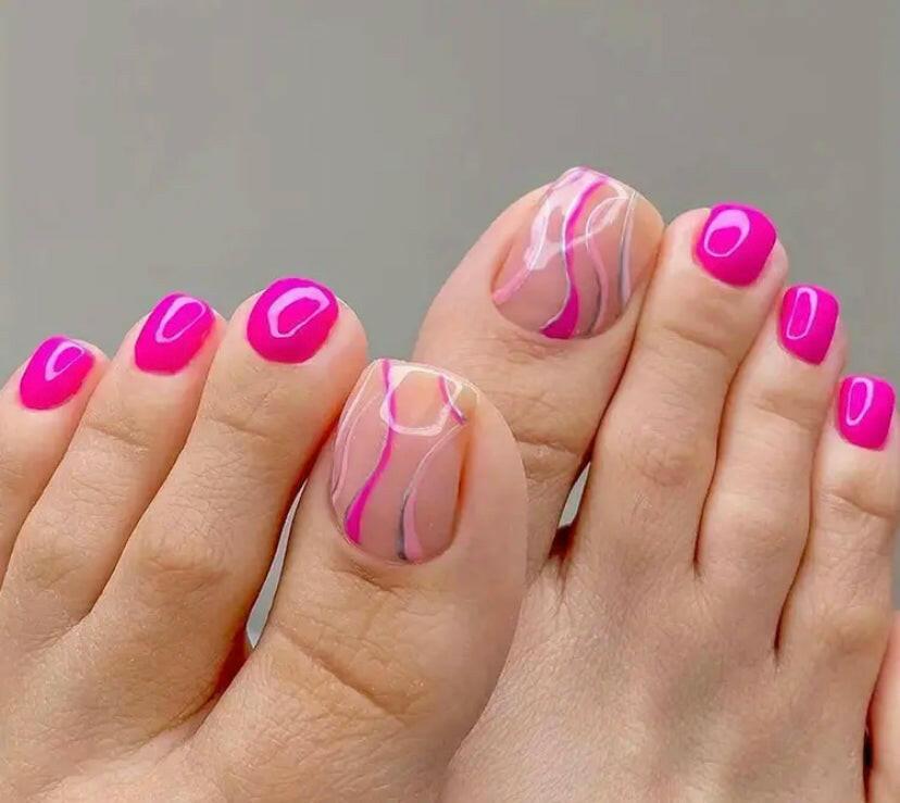 Hot pink with swirl design press on toenails.