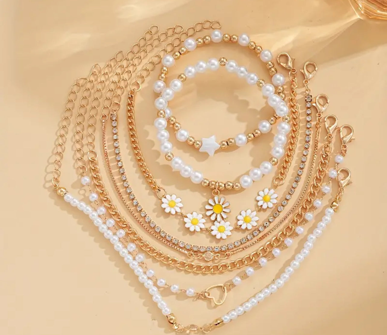 4pcs & 8 pcs bracelet set with pearls and sunflowers