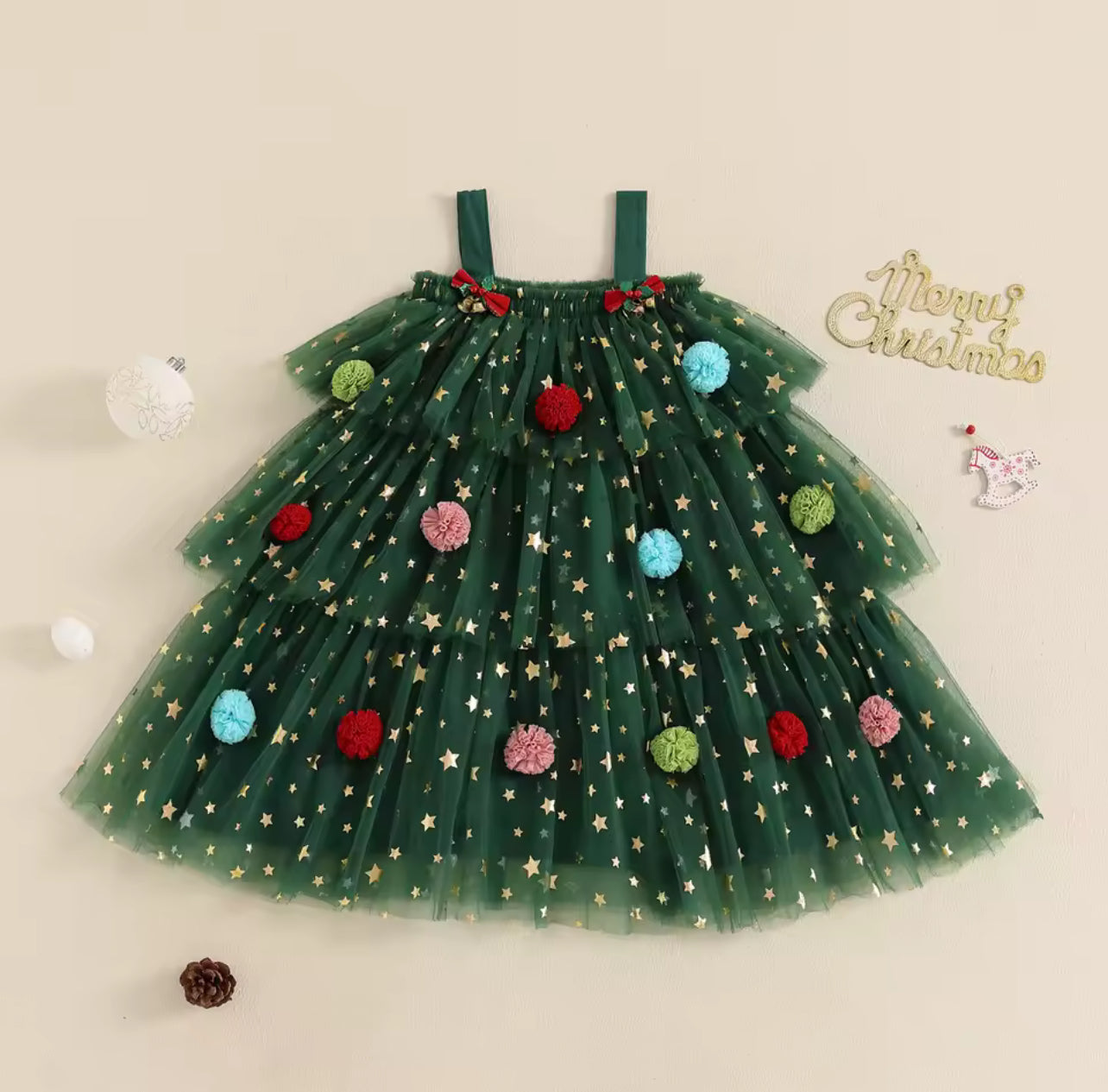 Christmas sleeveless tule dress with plush ball design
