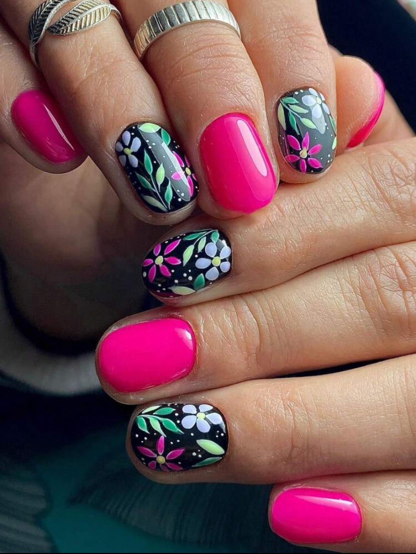 Elegant fancy press on nails with colourful flowers design