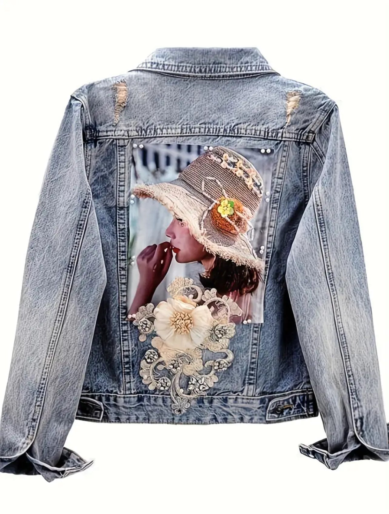 Elegant flower printed denim jacket