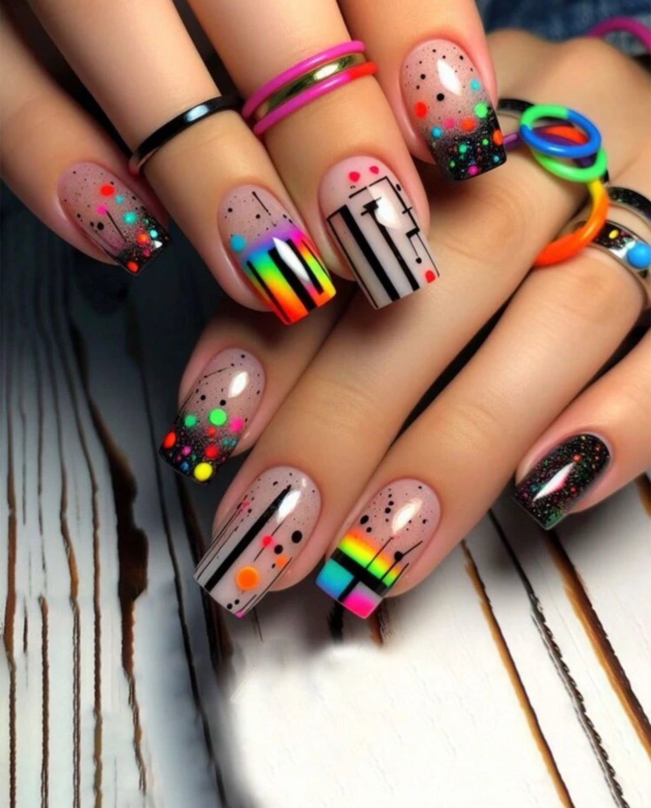 Rainbow polka dot short press on nails