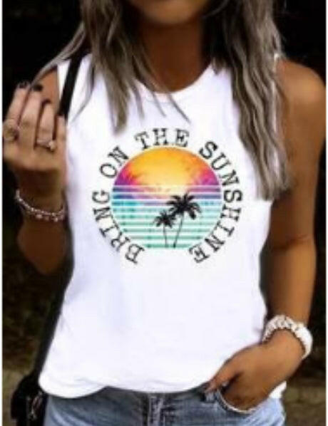 White Graphic round neck sleeveless tank top.