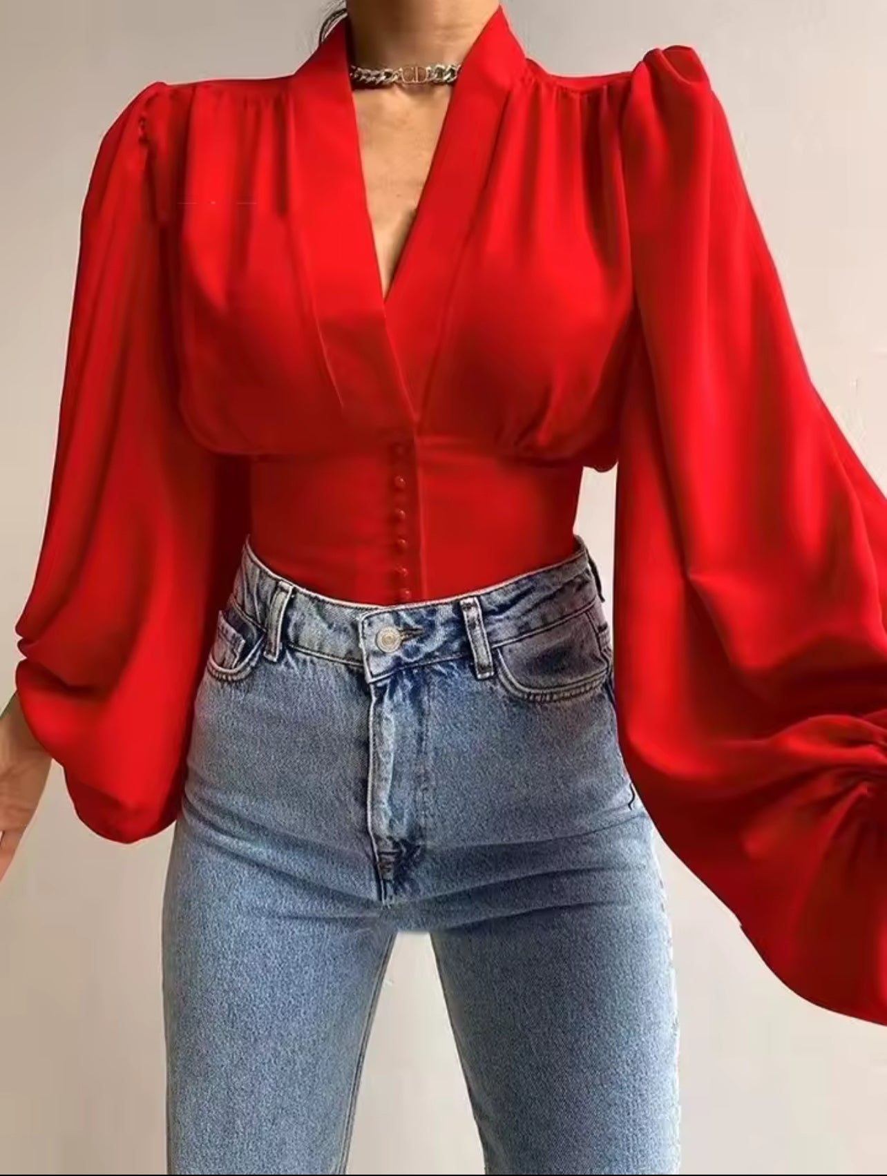 Red long lantern sleeve button v neck shirt