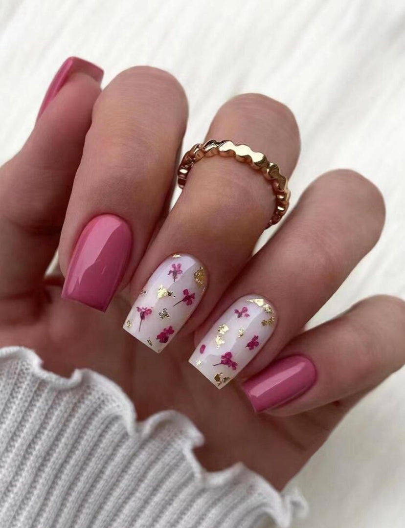 Hot pink floral design short press on nails