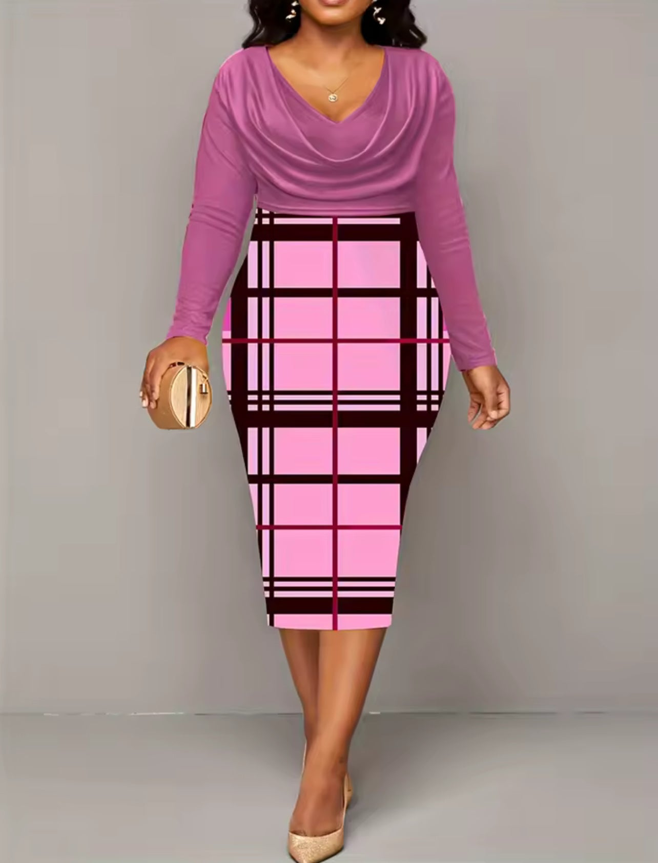 Plus size long sleeve v neck dress