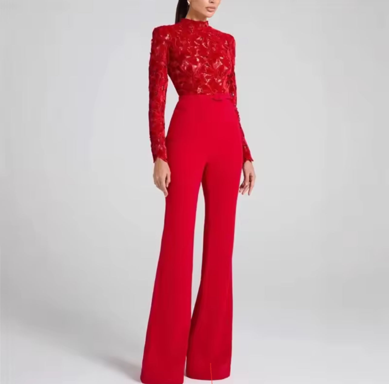 Embroidery lace red jumpsuit