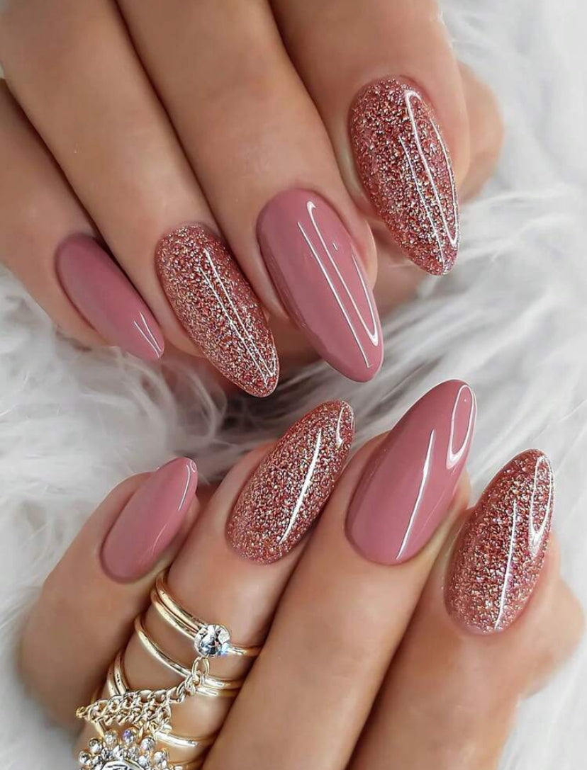 Nude and glittery oval shaped press on nails