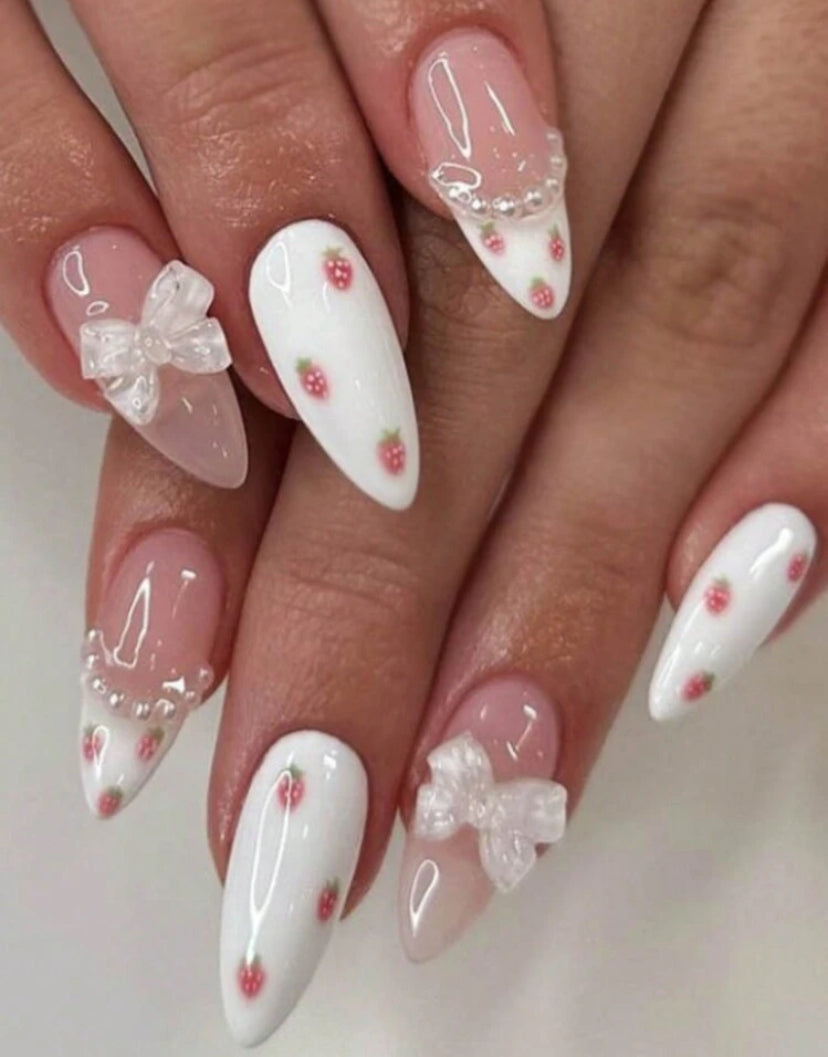 Cute fresh manicure style with bow design almond shaped press on nails