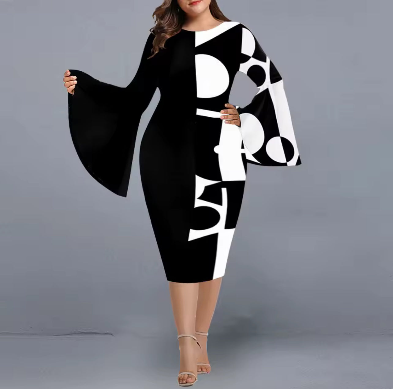 Plus size midi black & white pattern dress