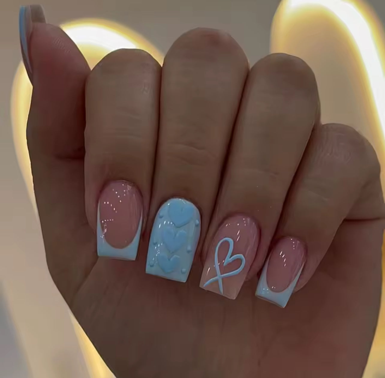 Baby blue with heart printed and glitter press on nails