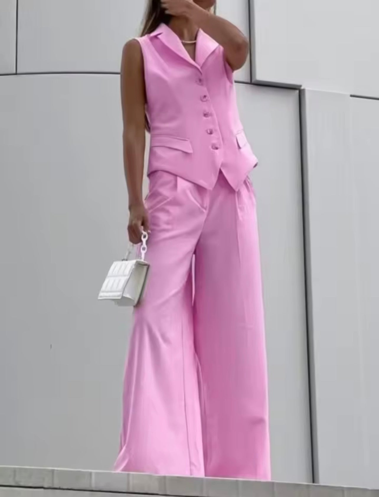 Two pcs pink vest & wide leg trousers