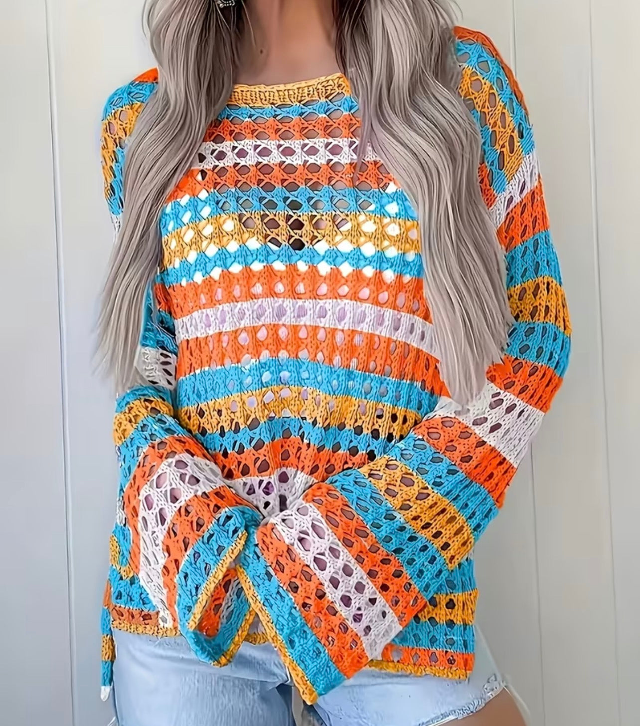 Boho Striped Crochet Knit Sweater (Breathable Open-Knit Top)