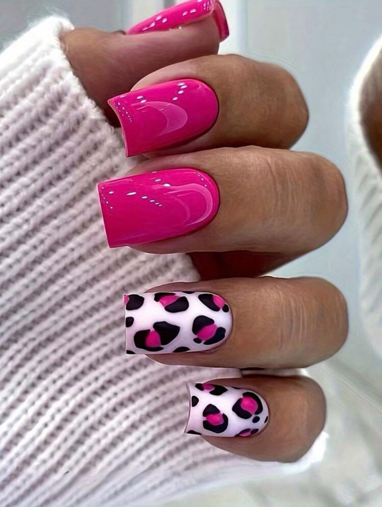 Cute hot pink and leopard print press on nails