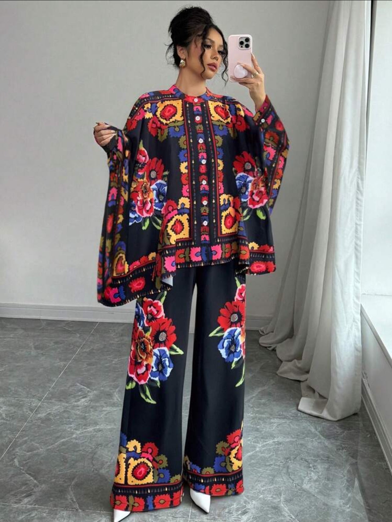 Floral printed batwing top and pants set