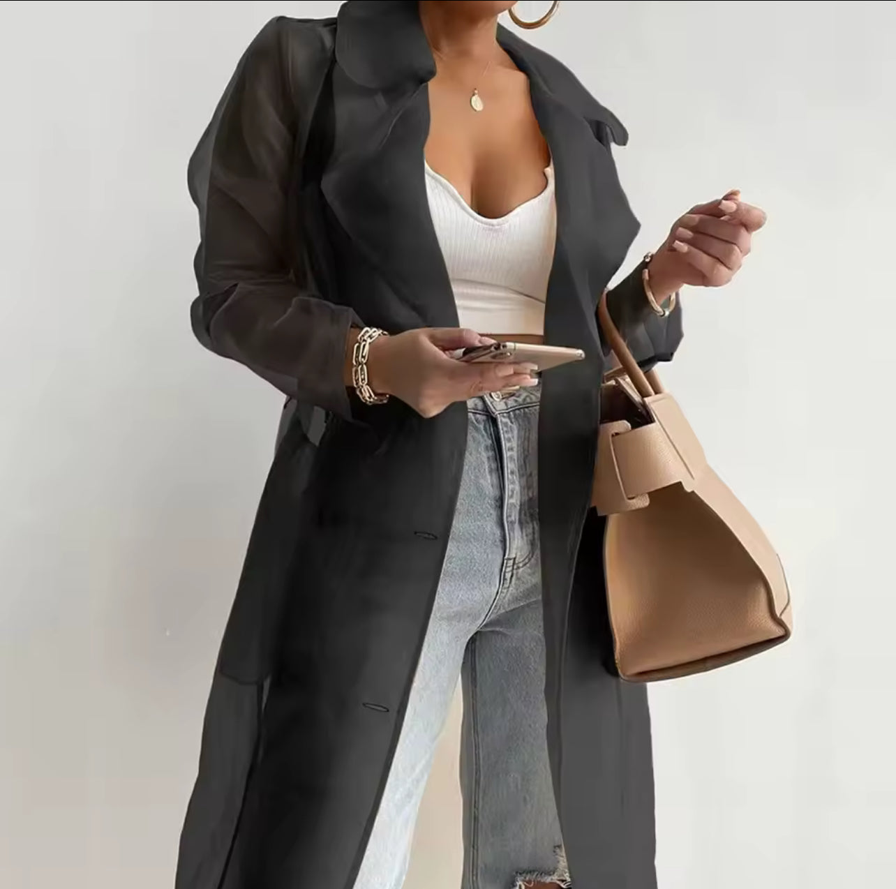 Transparent trench coat with belt