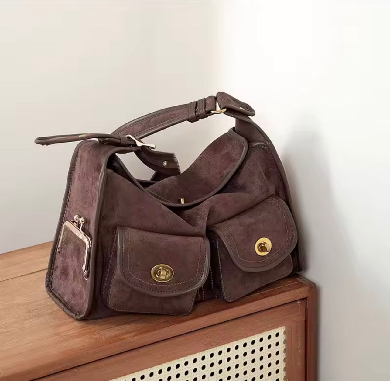 Chocolate suede multi pockets bag