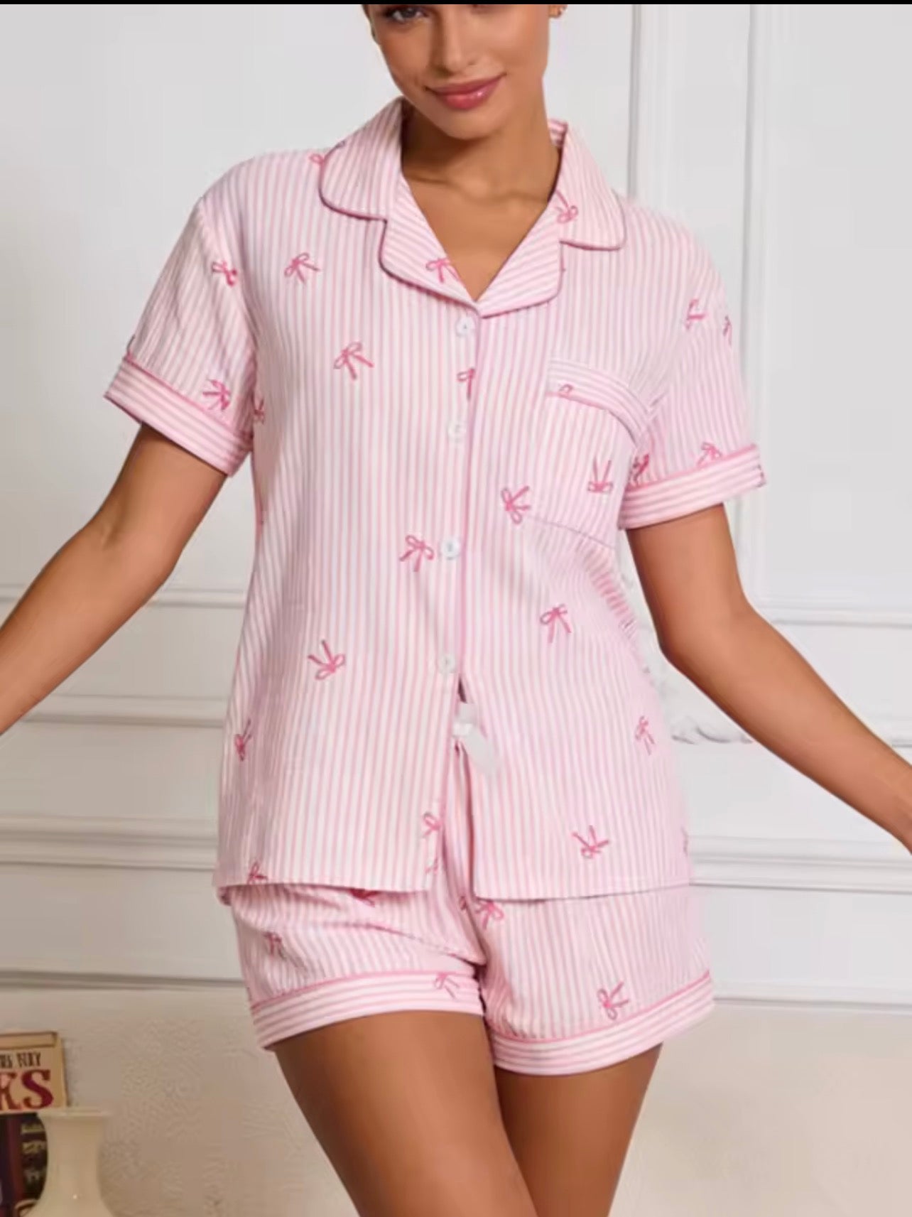 Pink 2 pcs stripped with bow printed pyjamas