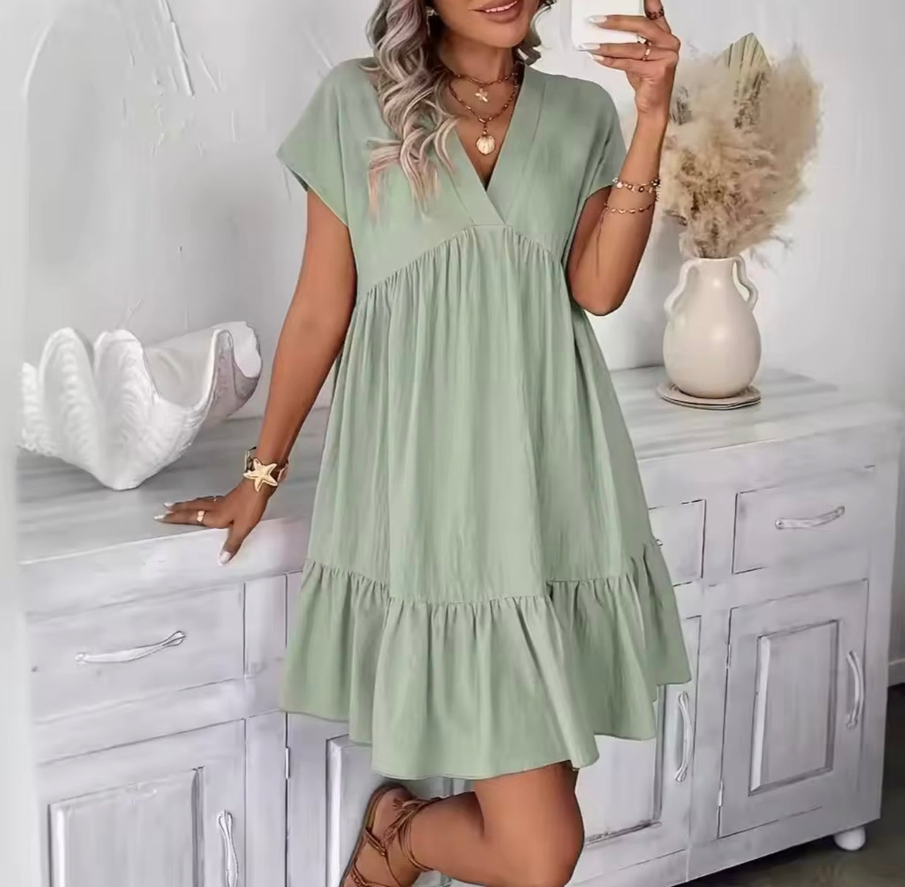 V neck ruffled large swing loose short dress