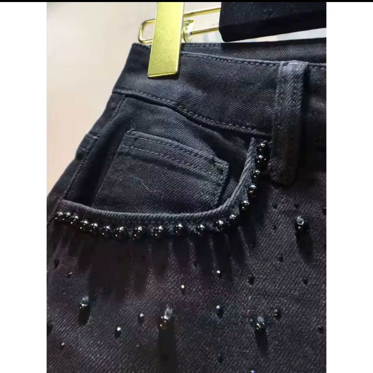Black denim patchwork flower hollow lace wide leg pants