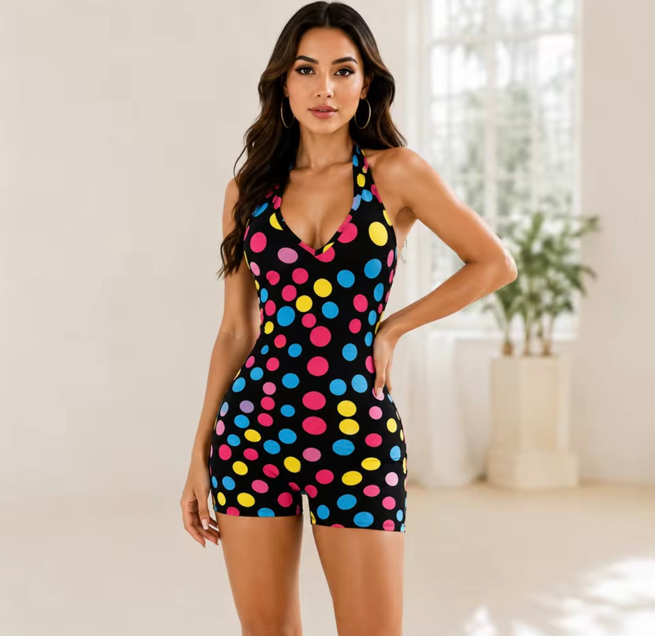 Colourful Polka dot romper with deep V backless