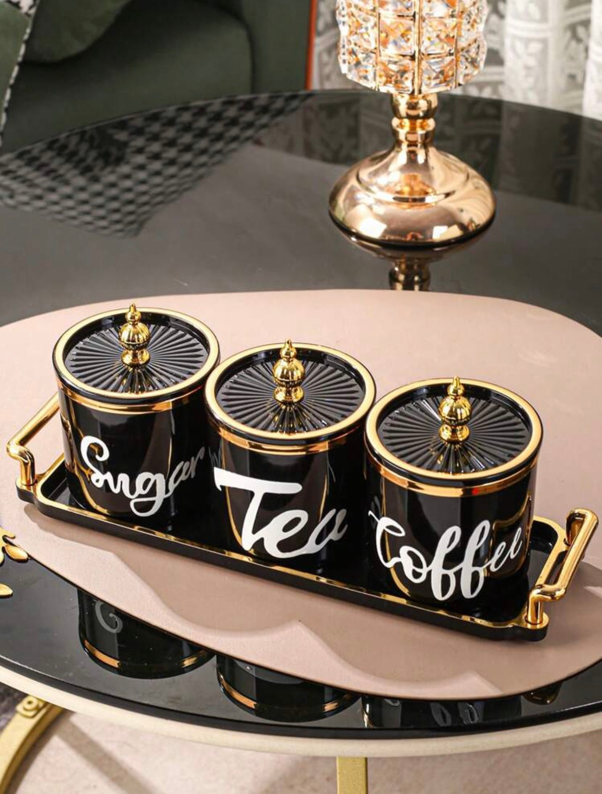 Royal Elegance Black & Gold Tea, Coffee & Sugar Canister Set with Matching Tray โ 4 Pieces