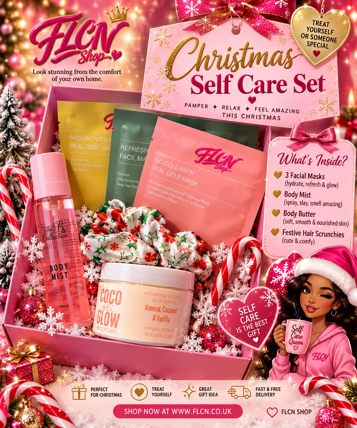 Christmas Self Care Gift Set | Face Masks, Body Mist, Body Butter & Festive Scrunchies