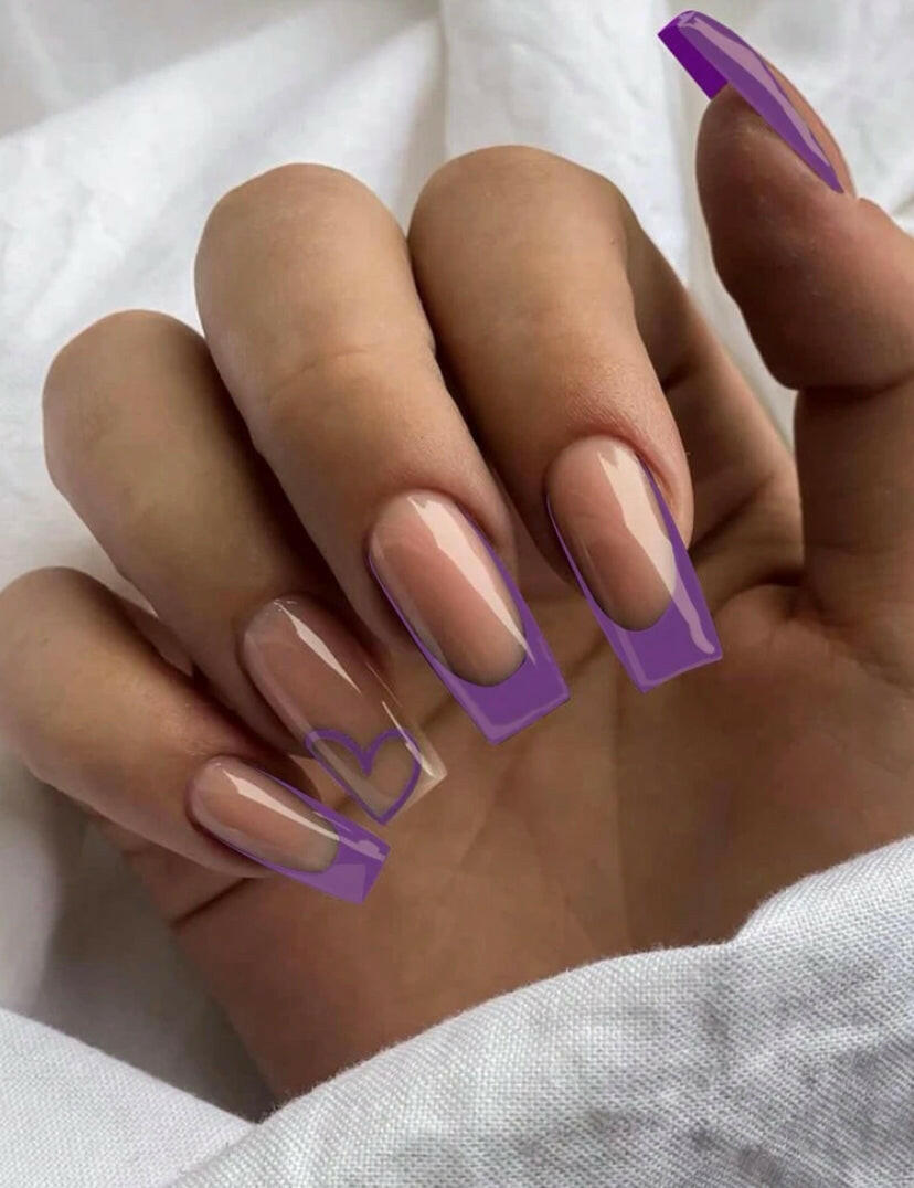 FLCN purple heart and French design Extra Long Square Shaped Press On nails.