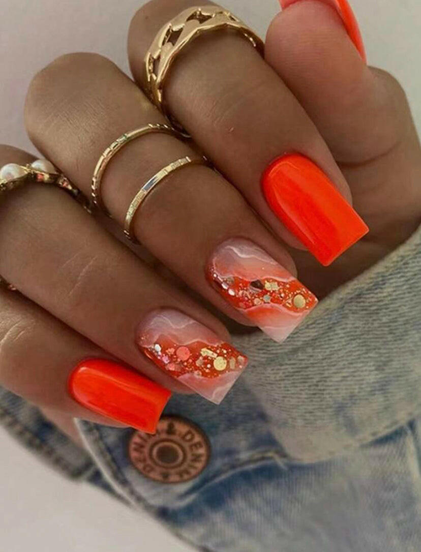 FLCN Short Square Faux Energetic Orange Sweet Style Press On Nails.