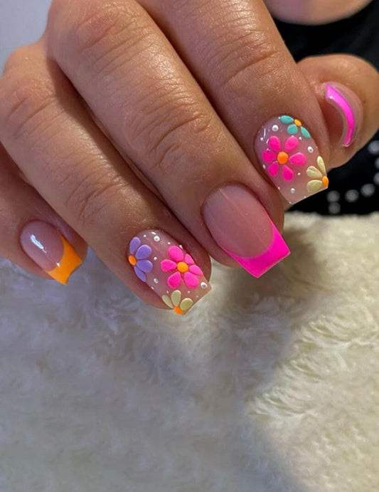 Square Fluorescent color floral press on nails.