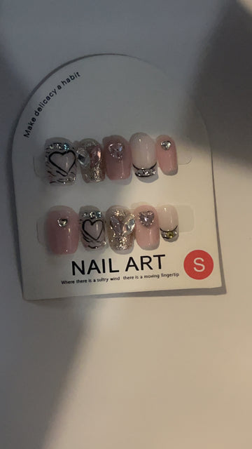 Heart printed and rhinestones handmade press on nails