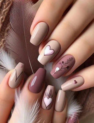 Nude style with heart printed press on nails