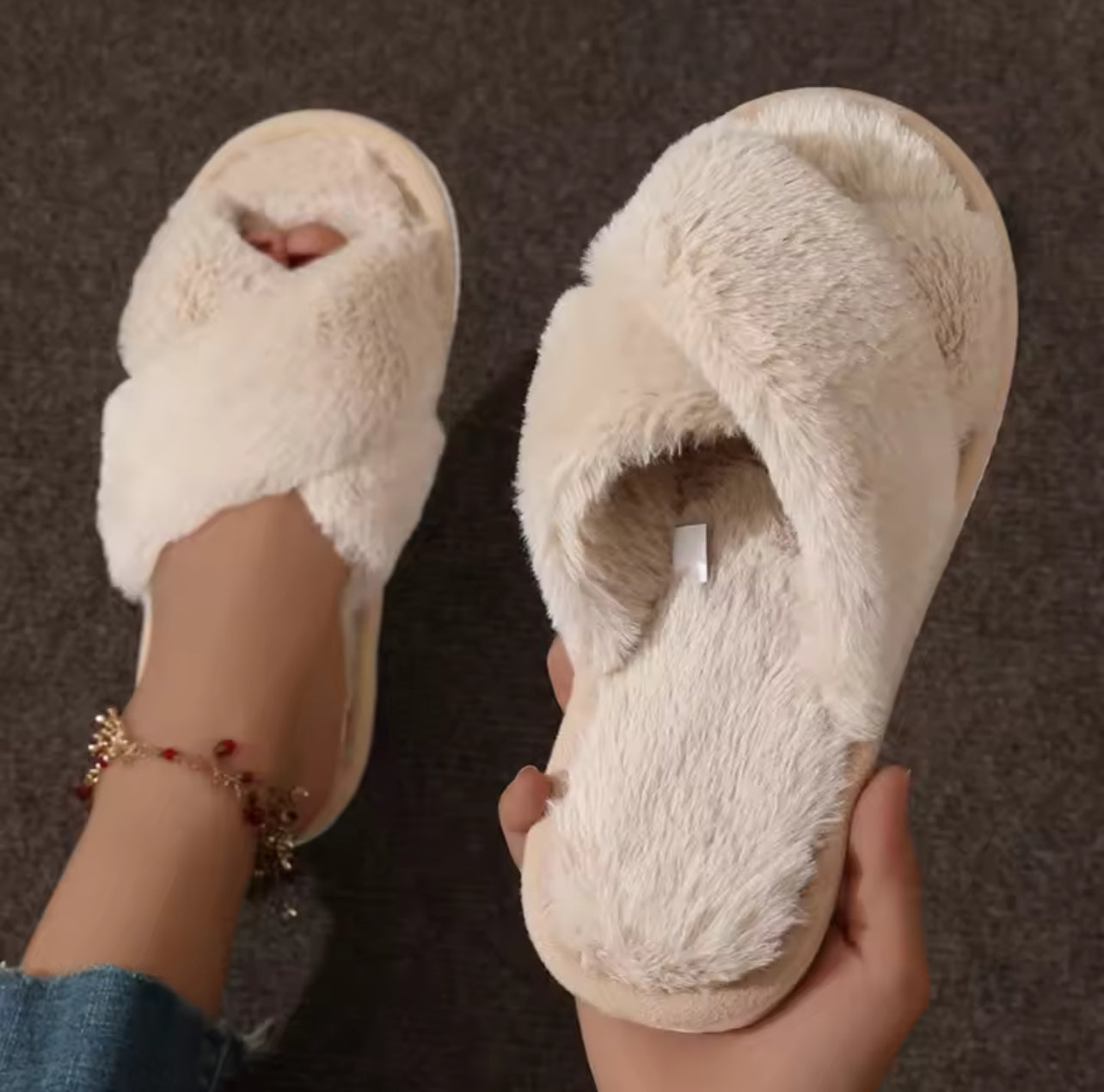 Cross band fur slippers