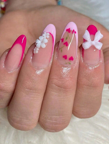 Cute pink tips with lovely bow and flowers style press on nails 💅