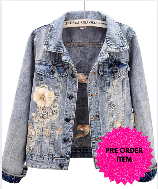 Elegant flower printed denim jacket