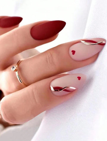 Charmful red with heart design almond shaped press on nails