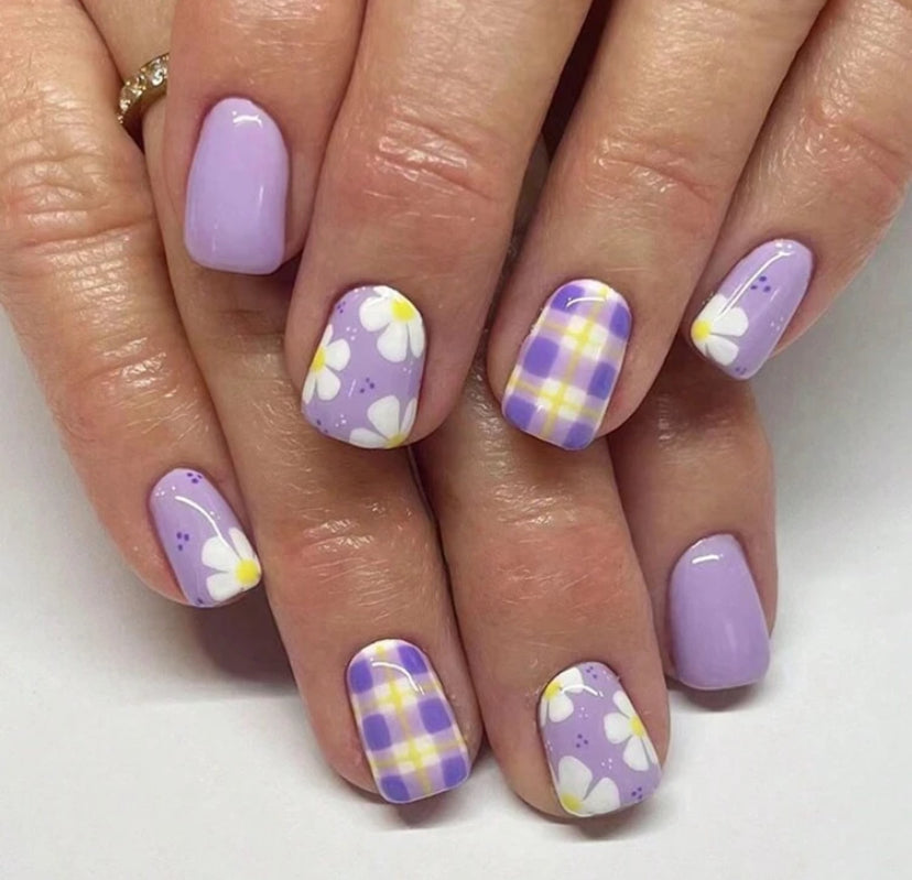 Purple spring colour and flower design press on nails